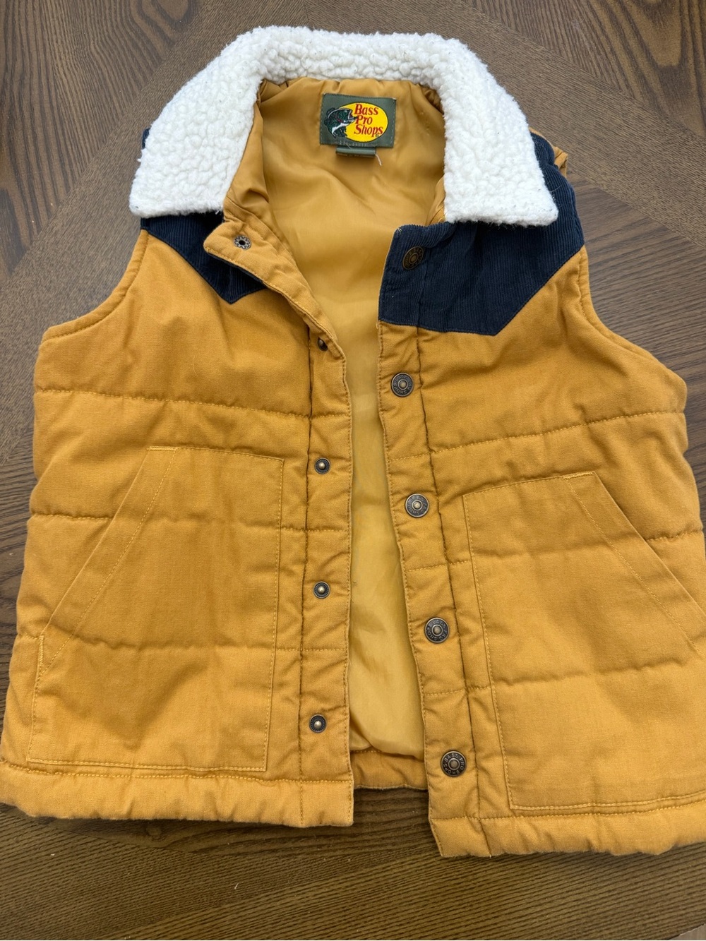 Bass Pro Shops Mustard Yellow Quilted Vest with Sherpa Collar and Black Yoke
